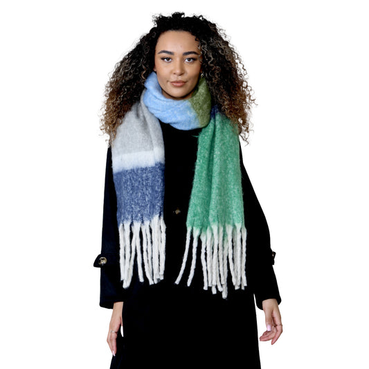 Women’s Green Blue Chunky Knit Bright Plaid Blanket Scarf Long Winter Wrap Warm Striped Shawl with Tassels Gift for Ladies by Daisy Dreamer. Buy now for £10.00.