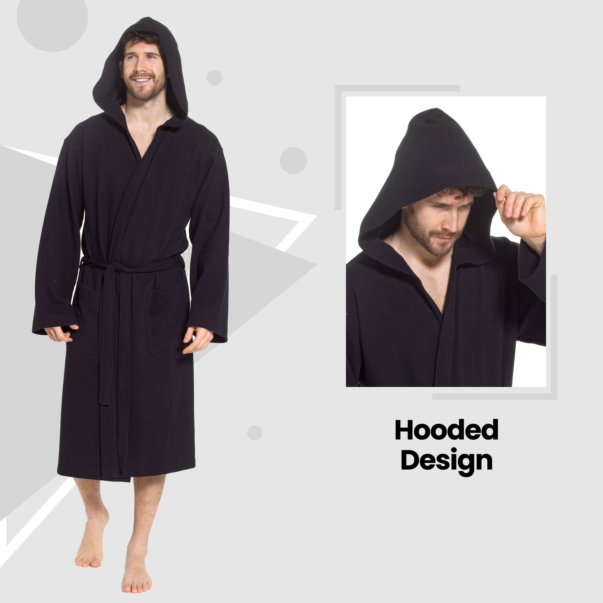 Men’s Hooded Waffle Cotton Bathrobe Black Super Absorbent Spa Robe Luxury Dressing Gown for Home & Loungewear by Sock Stack. Buy now for £17.00.