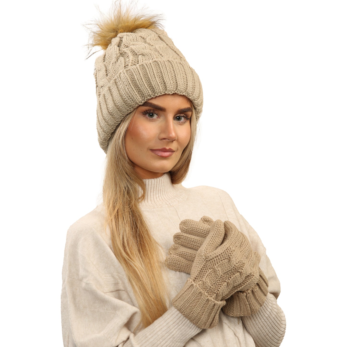 Women's Cream Chunky Knit Winter Hat & Gloves Set Faux Fur Pom Pom Warm & Stylish Beanie for Ladies By Heatwave Thermalwear. Buy now for £14.00. A Hat & Gloves by Heatwave Thermalwear. _Hi_chtgptapp_optimised_this_description-generator,_Hi_chtgptapp_optim