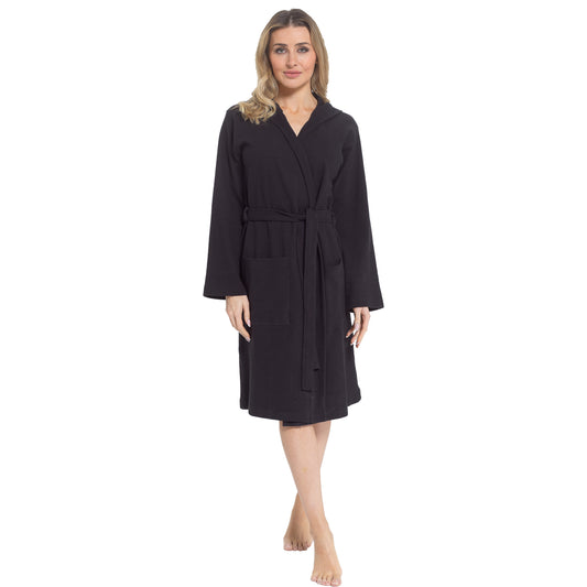 Women's Hooded Waffle Cotton Bathrobe Black Super Absorbent Spa Dressing Gown for Home Lounge & Travel by Daisy Dreamer. Buy now for £17.00.