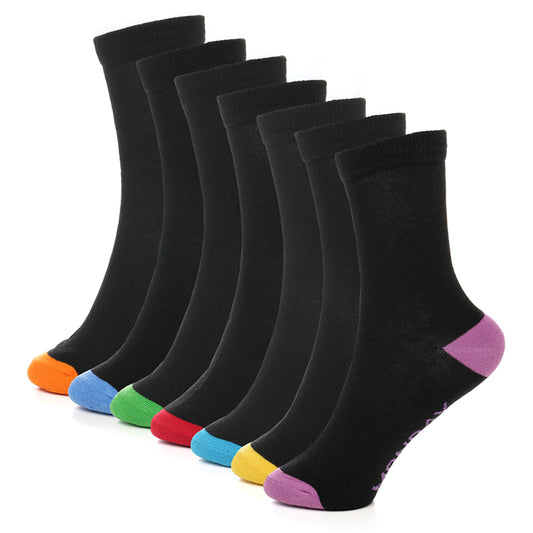 7 Pack Days Of The Week Cotton Rich Boys Girls Kids Men's Women's Socks Black with Multi Colour Heel and Toe Design By Sock Stack. Buy now for £9.00.