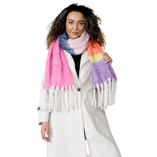 Women’s Pink Purple Chunky Knit Bright Plaid Blanket Scarf Long Winter Wrap Warm Striped Shawl with Tassels Gift for Ladies by Daisy Dreamer. Buy now for £10.00.