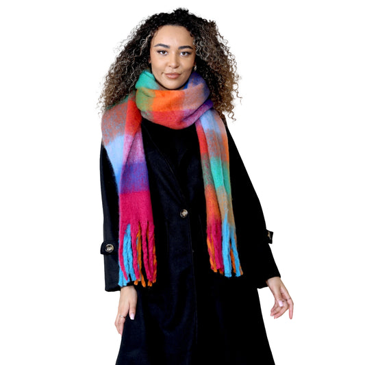 Women’s Orange Blue Chunky Knit Bright Plaid Blanket Scarf Long Winter Wrap Warm Check Shawl with Tassels Gift for Ladies by Daisy Dreamer. Buy now for £10.00.