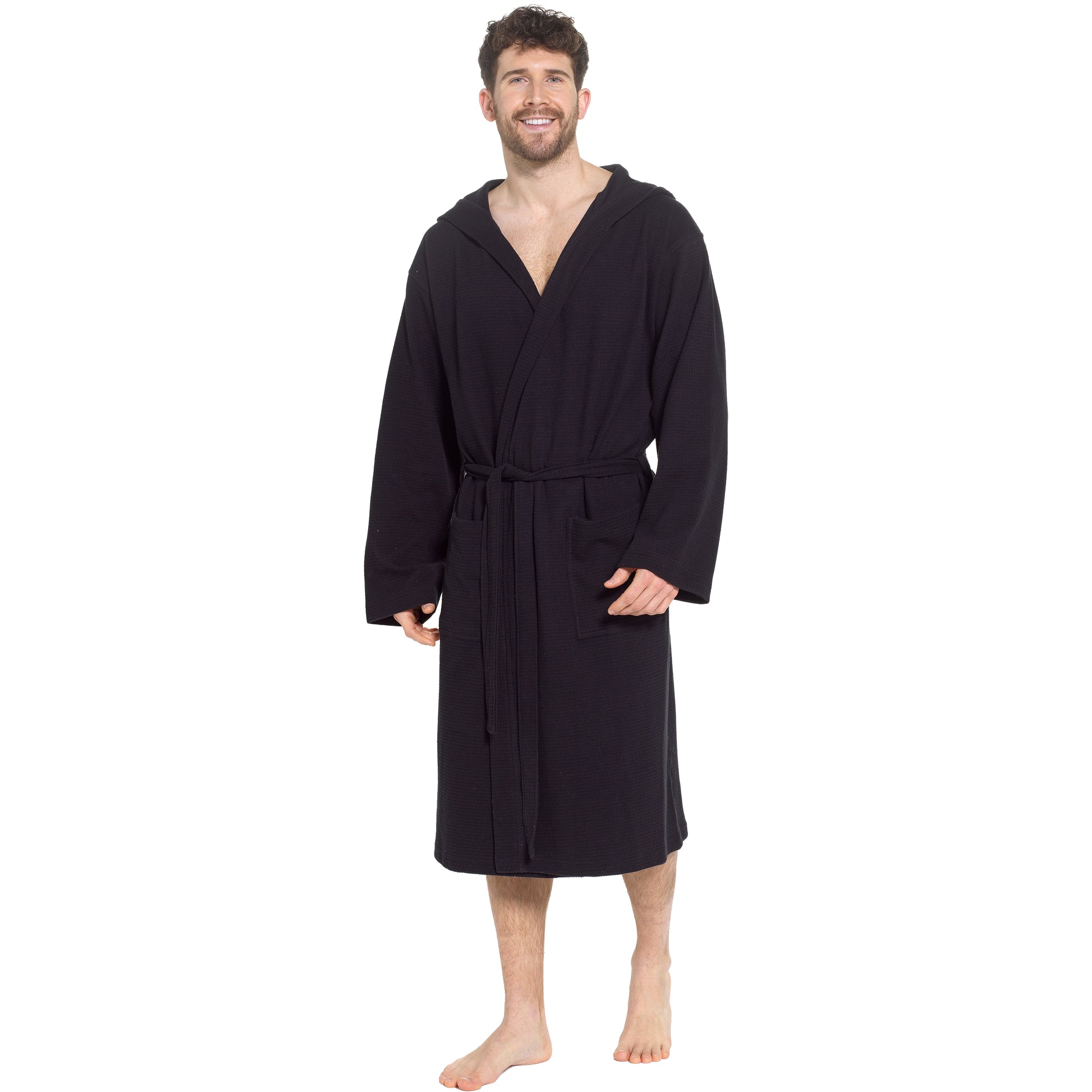 Men’s Hooded Waffle Cotton Bathrobe Black Super Absorbent Spa Robe Luxury Dressing Gown for Home & Loungewear by Sock Stack. Buy now for £17.00.