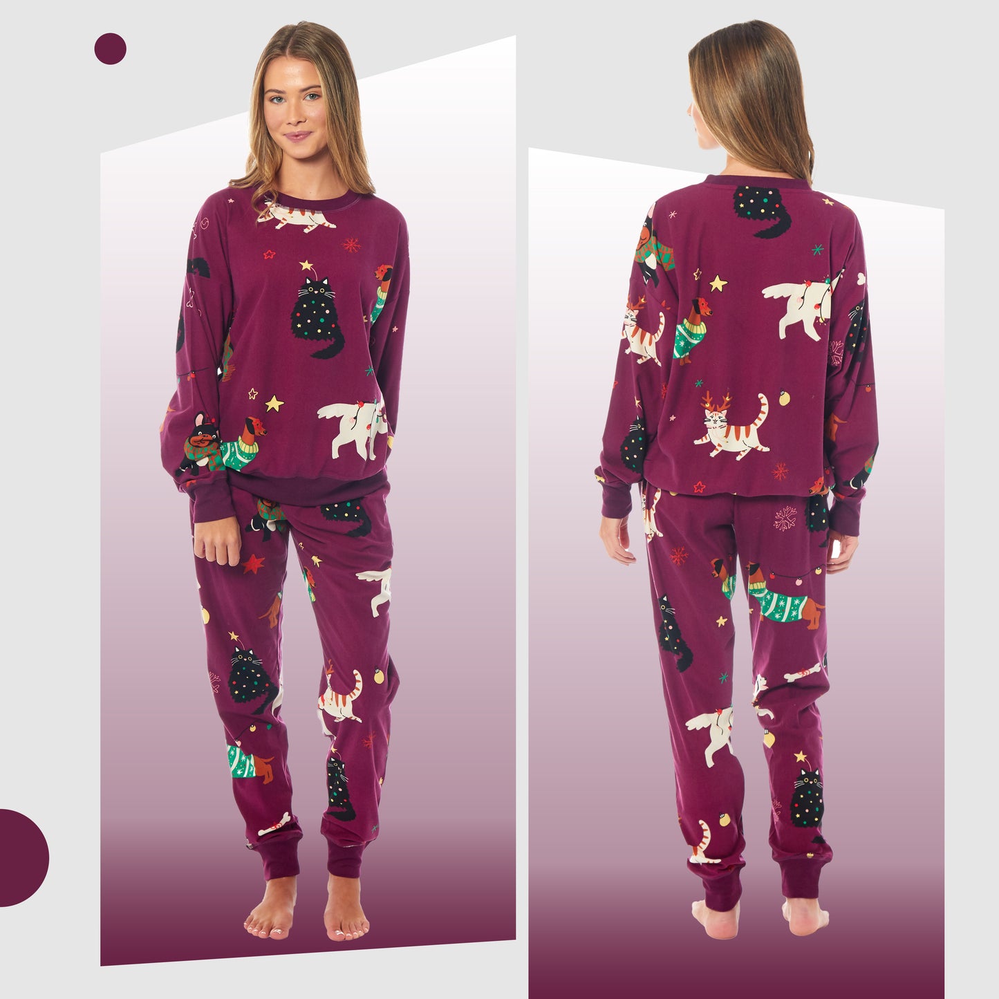 Women's Cats & Dogs Soft Fleece Pyjama Set Long Sleeve Animal Print Warm PJs Loungewear Sleepwear for Ladies by Daisy Dreamer