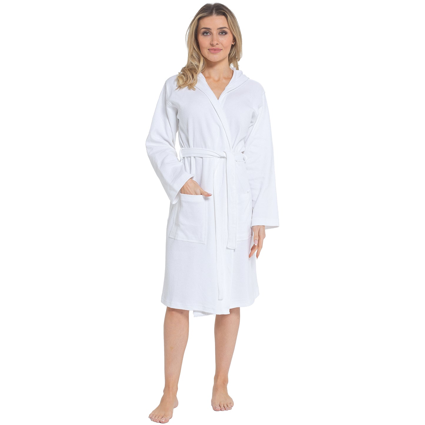 Women's Hooded Waffle Cotton Bathrobe White Super Absorbent Spa Dressing Gown for Home Lounge & Travel by Daisy Dreamer. Buy now for £17.00.