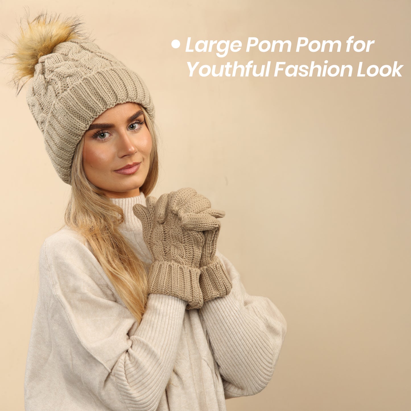 Women's Cream Chunky Knit Winter Hat & Gloves Set Faux Fur Pom Pom Warm & Stylish Beanie for Ladies By Heatwave Thermalwear. Buy now for £14.00. A Hat & Gloves by Heatwave Thermalwear. _Hi_chtgptapp_optimised_this_description-generator,_Hi_chtgptapp_optim