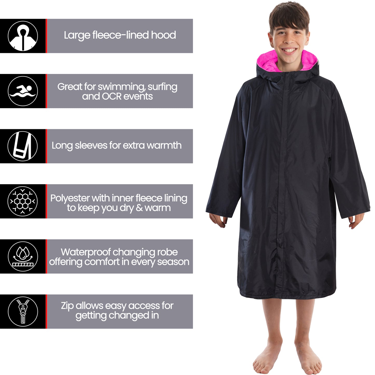 Changing Robe Kids Unisex Hooded Coat Black/Pink Windproof Waterproof Quick Dry for Beach Surfing Swimming by Heatwave Thermalwear. Buy now for £30.00.