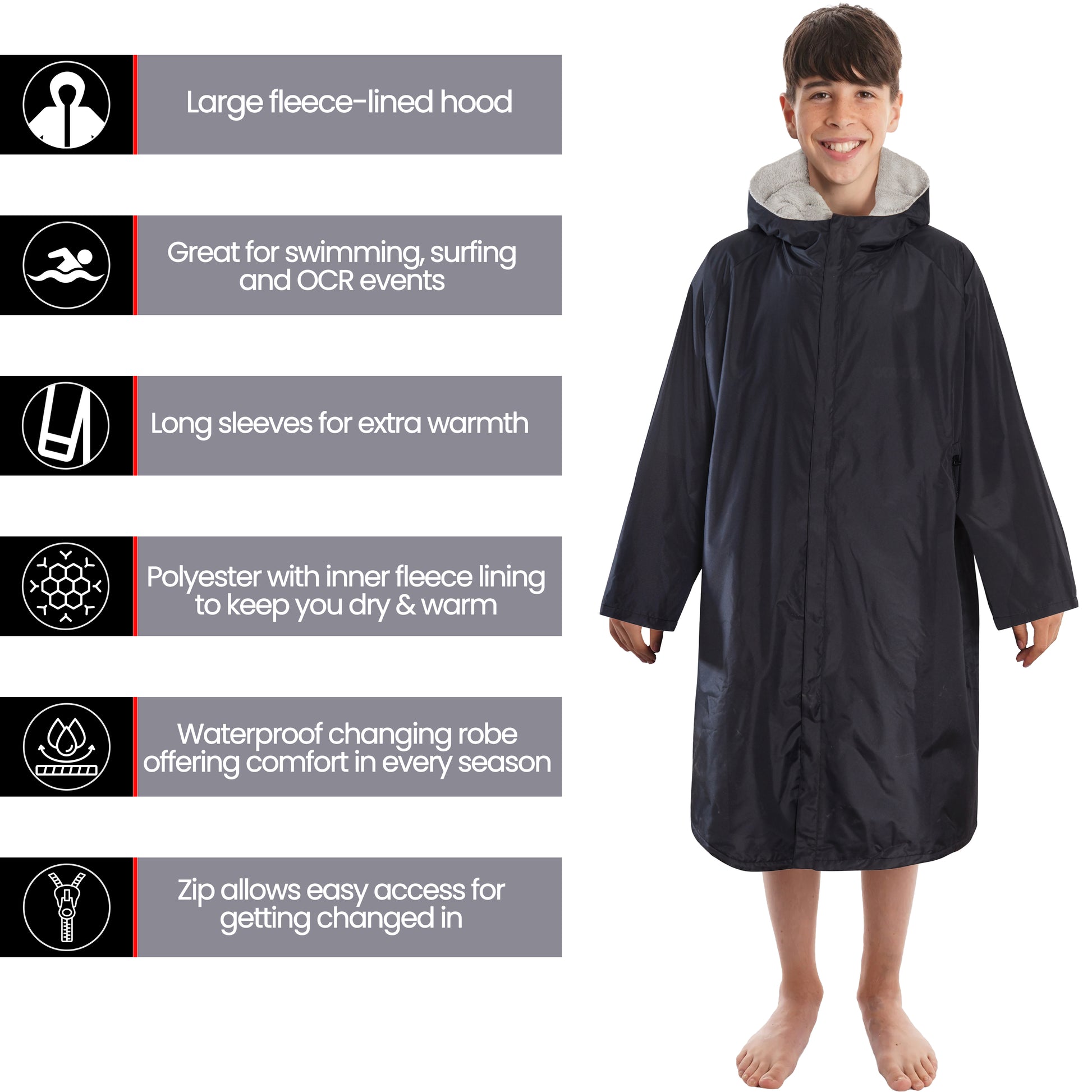 Changing Robe Kids Unisex Hooded Coat Black/Grey Windproof Waterproof Quick Dry for Beach Surfing Swimming by Heatwave Thermalwear. Buy now for £30.00.