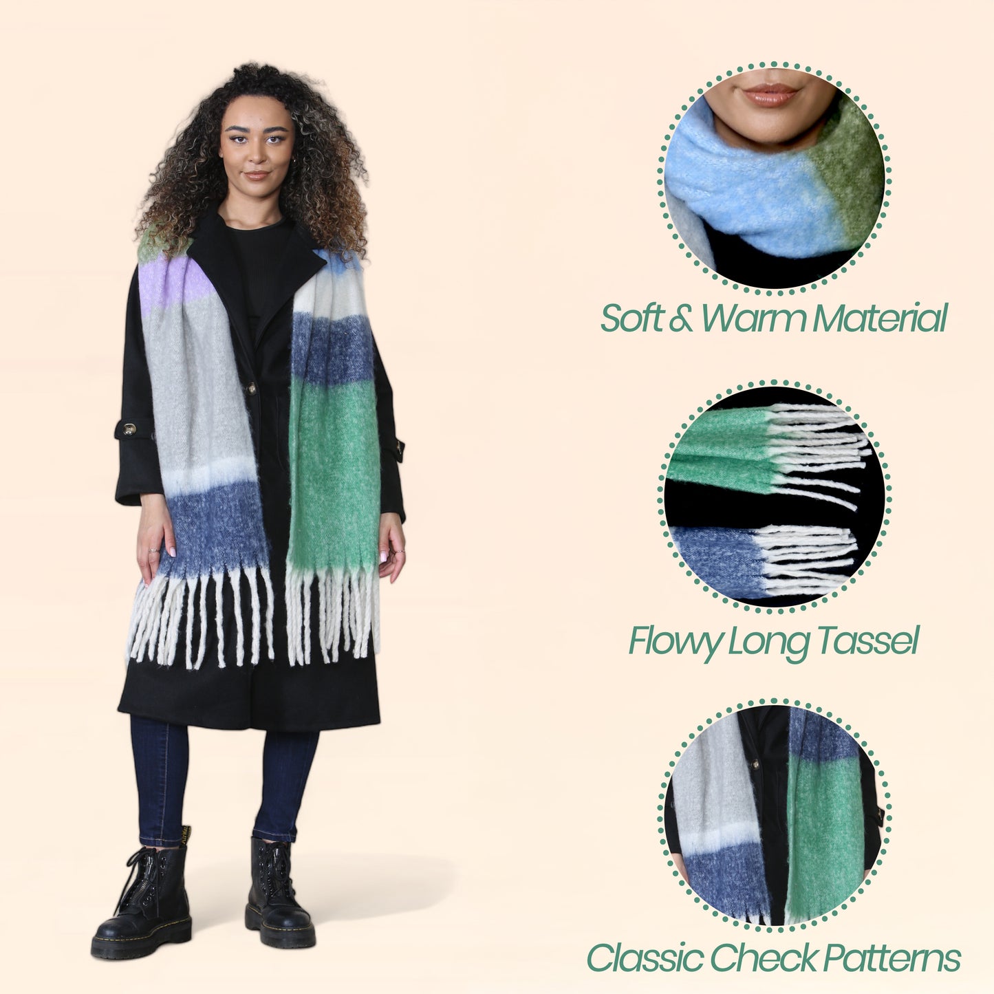 Women’s Green Blue Chunky Knit Bright Plaid Blanket Scarf Long Winter Wrap Warm Striped Shawl with Tassels Gift for Ladies by Daisy Dreamer. Buy now for £10.00. A Scarf by Daisy Dreamer. _Hi_chtgptapp_optimised_this_description-generator,_Hi_chtgptapp_opt