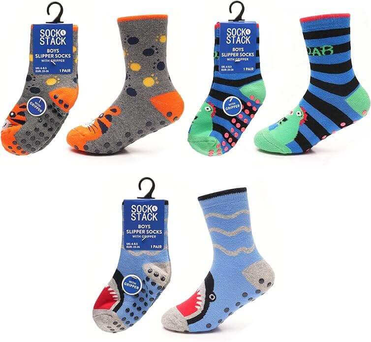 3 Pairs Boys Non-Slip Thermal Slipper Socks Dino Shark Tiger Designs Cozy Indoor Kids Socks Warm Anti-Skid Socks for Winter in Sizes 6-8 9-12 12-3 from Sock Stack. Buy now for £8.00.