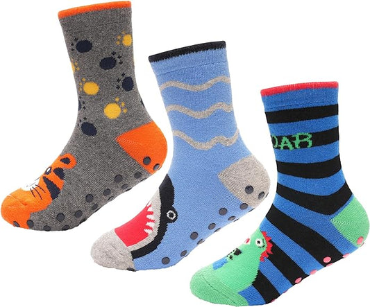 3 Pairs Boys Non-Slip Thermal Slipper Socks Dino Shark Tiger Designs Cozy Indoor Kids Socks Warm Anti-Skid Socks for Winter in Sizes 6-8 9-12 12-3 from Sock Stack. Buy now for £8.00.