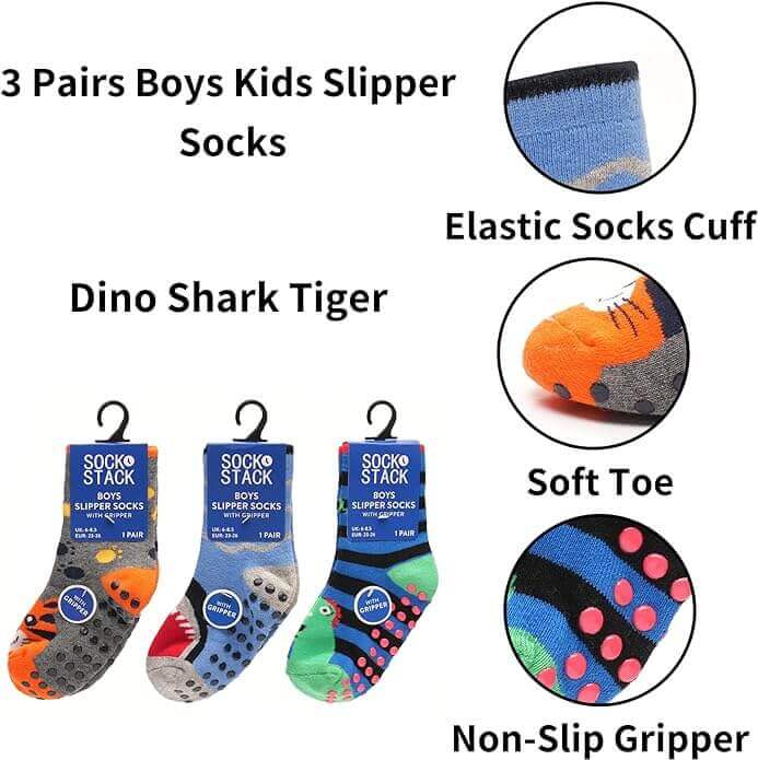 3 Pairs Boys Non-Slip Thermal Slipper Socks Dino Shark Tiger Designs Cozy Indoor Kids Socks Warm Anti-Skid Socks for Winter in Sizes 6-8 9-12 12-3 from Sock Stack. Buy now for £8.00.