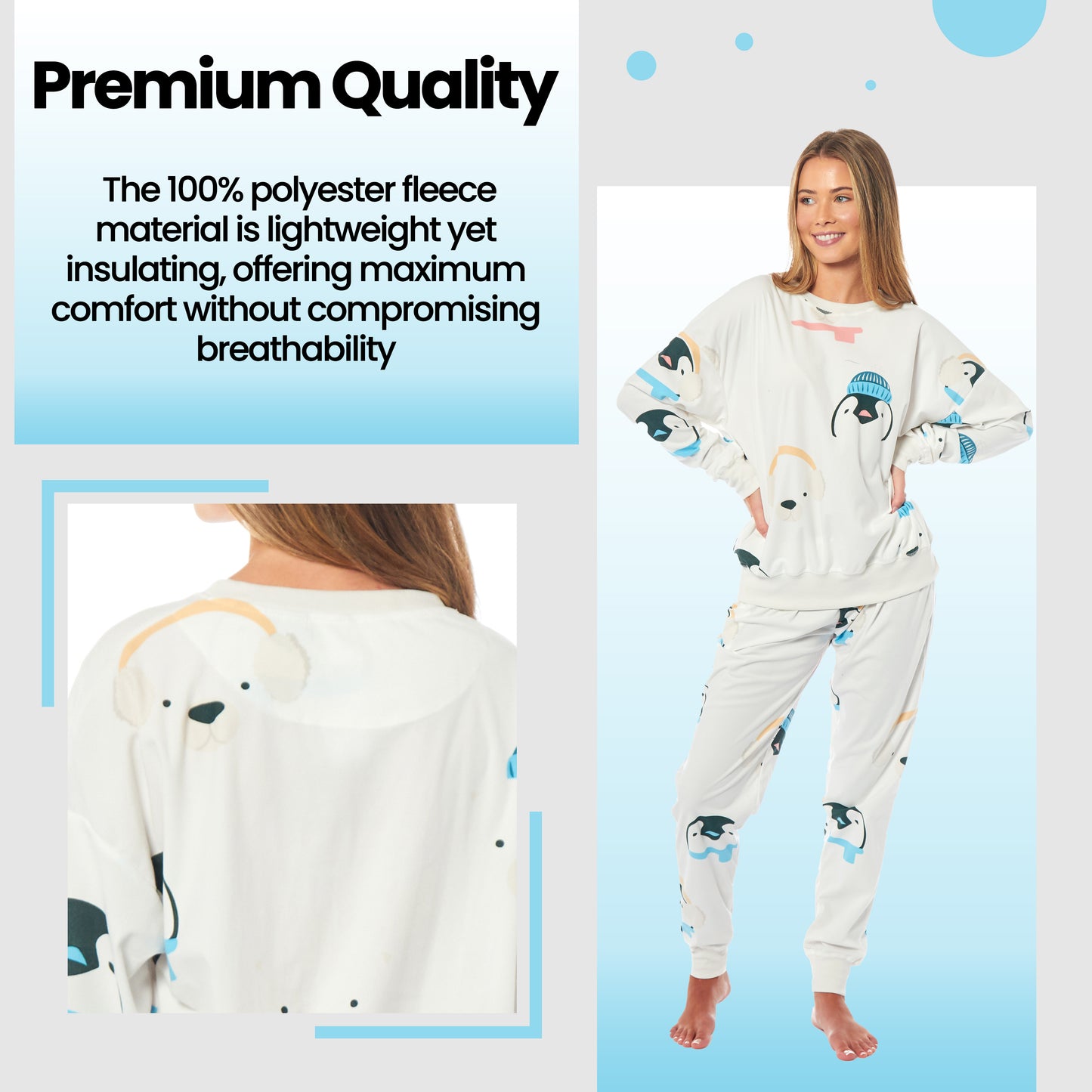 Women's Penguins & Polar Bears Soft Fleece Pyjama Set Long Sleeve Animal Print Warm PJs Loungewear Sleepwear for Ladies by Daisy Dreamer