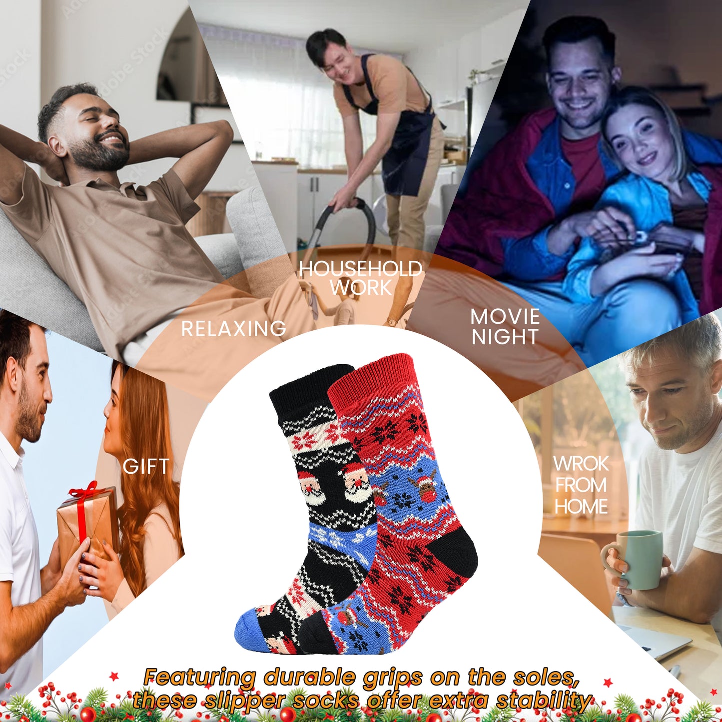 Pack of 2 Men's Festive Xmas Chunky Knit Slipper Socks with Grips Thick Warm Non-Slip Indoor Bed Socks Gift by Sock Stack