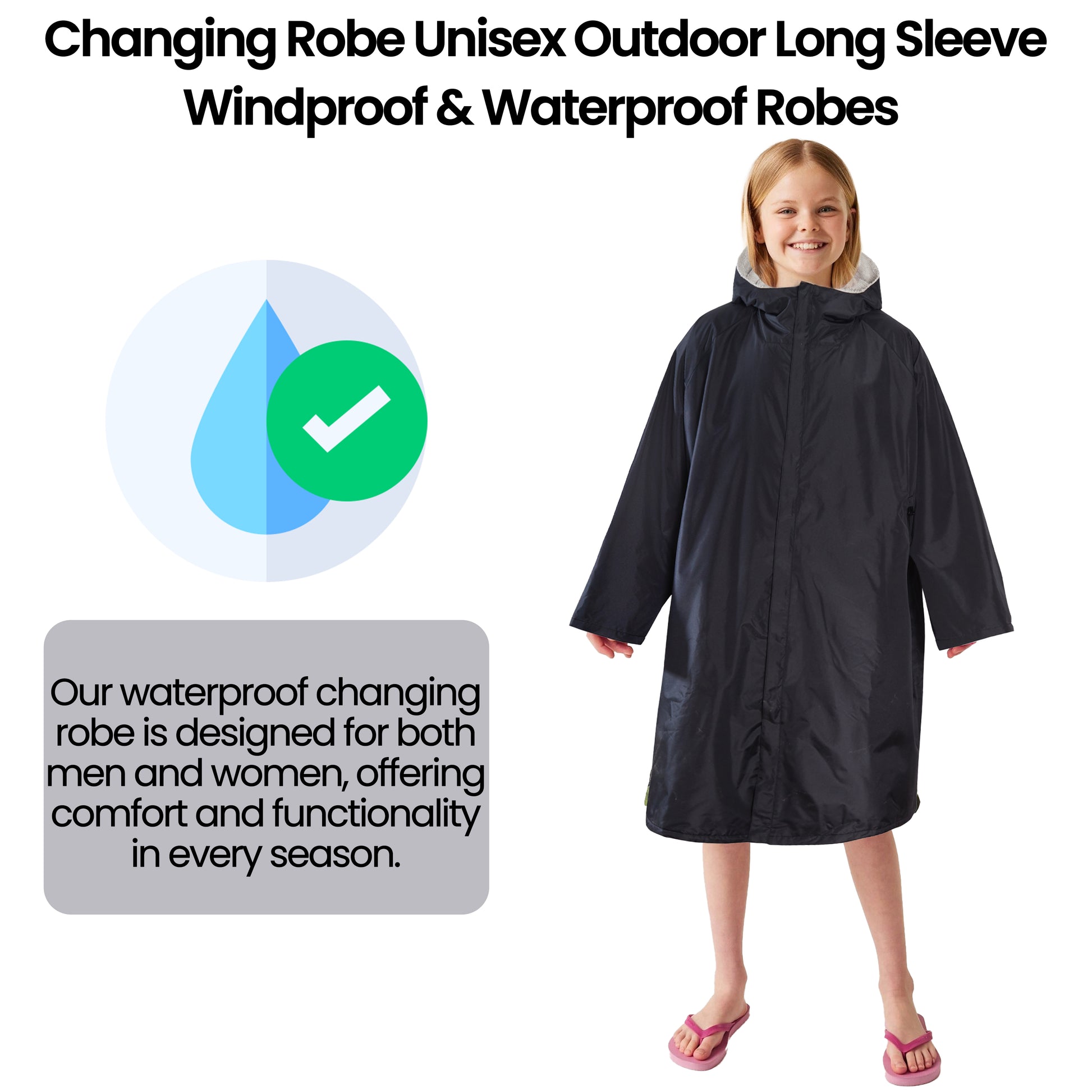 Changing Robe Kids Unisex Hooded Coat Black/Grey Windproof Waterproof Quick Dry for Beach Surfing Swimming by Heatwave Thermalwear. Buy now for £30.00.