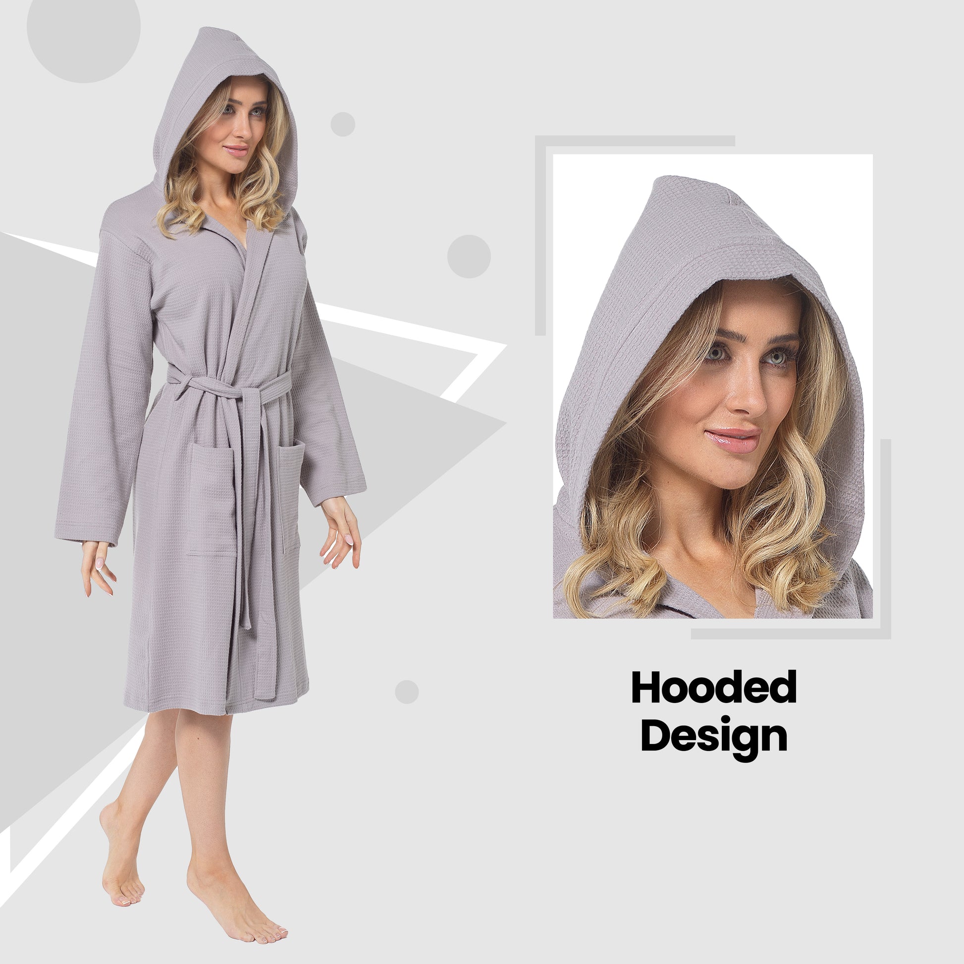 Women's Hooded Waffle Cotton Bathrobe Grey Super Absorbent Spa Dressing Gown for Home Lounge & Travel by Daisy Dreamer. Buy now for £17.00.