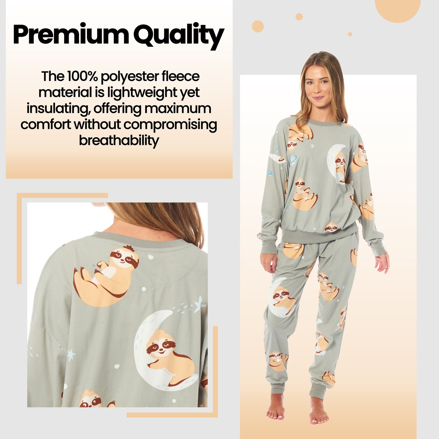 Women's Sloth Soft Fleece Pyjama Set Long Sleeve Animal Print Warm PJs Loungewear Sleepwear for Ladies by Daisy Dreamer