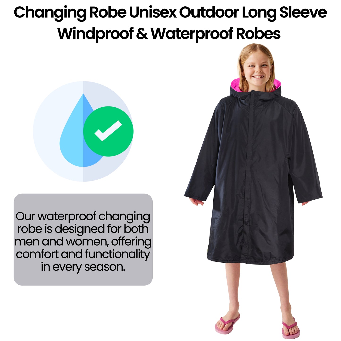 Changing Robe Kids Unisex Hooded Coat Black/Pink Windproof Waterproof Quick Dry for Beach Surfing Swimming by Heatwave Thermalwear. Buy now for £30.00.