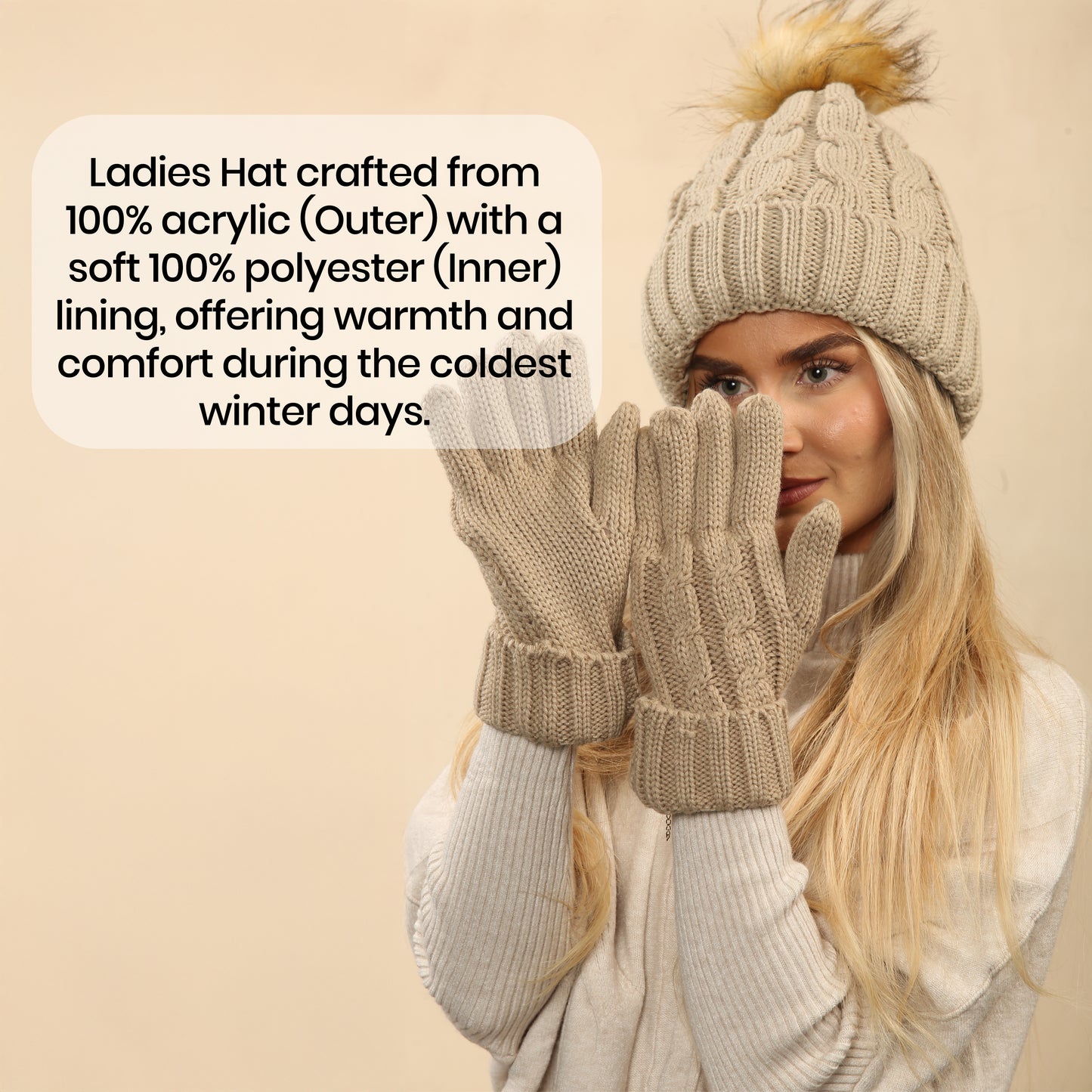 Women's Cream Chunky Knit Winter Hat & Gloves Set Faux Fur Pom Pom Warm & Stylish Beanie for Ladies By Heatwave Thermalwear. Buy now for £14.00. A Hat & Gloves by Heatwave Thermalwear. _Hi_chtgptapp_optimised_this_description-generator,_Hi_chtgptapp_optim