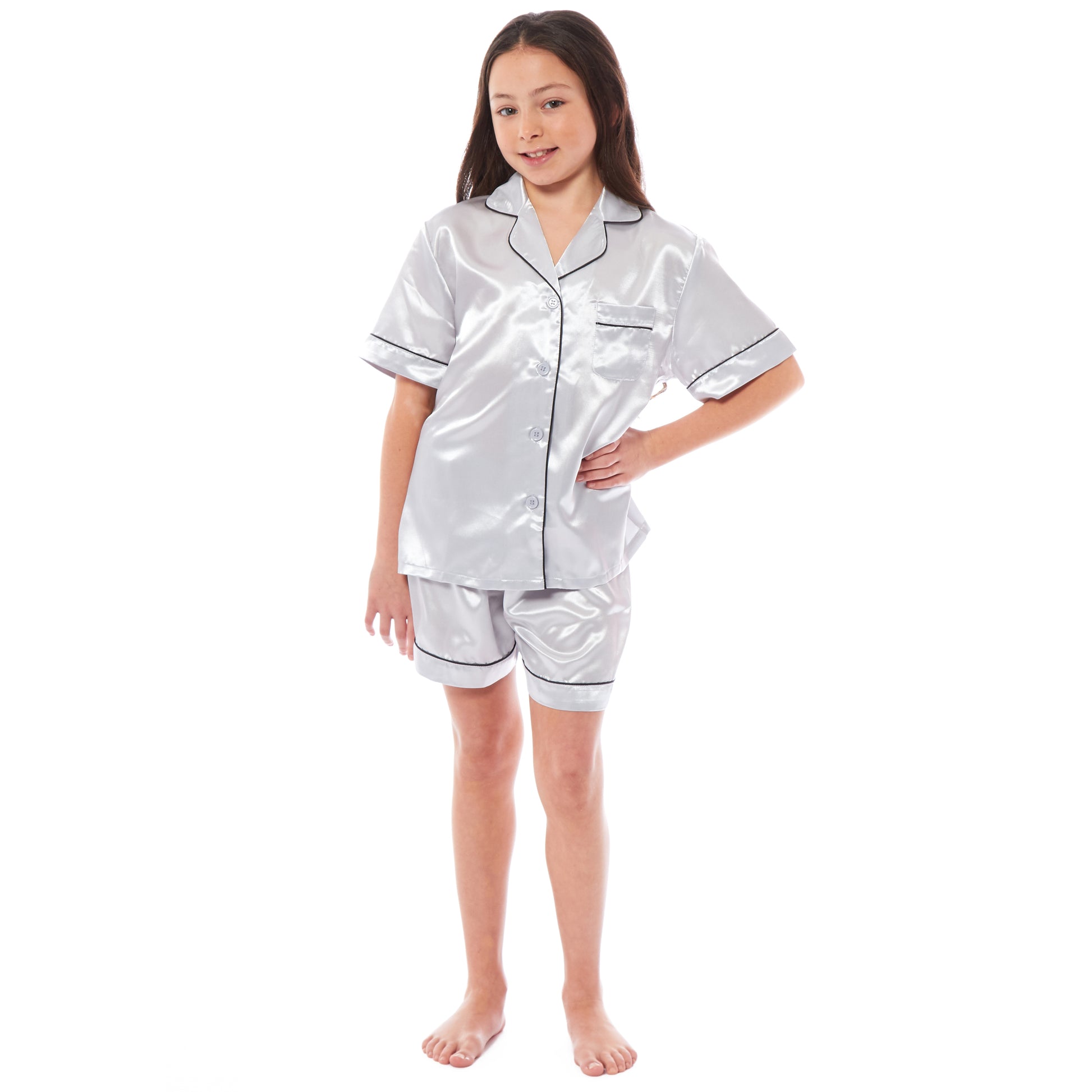 Kids Satin Silk Pyjama Set for Girls with Button-Down Shirt and Loose-Fitting Pants Comfortable Loungewear in Black Pink Grey Ages 5-14 by Daisy Dreamer. Buy now for £12.00. A Pyjamas by Daisy Dreamer. 11-12,13-14,5-6,7-8,9-10,_Hi_chtgptapp_optimised_this