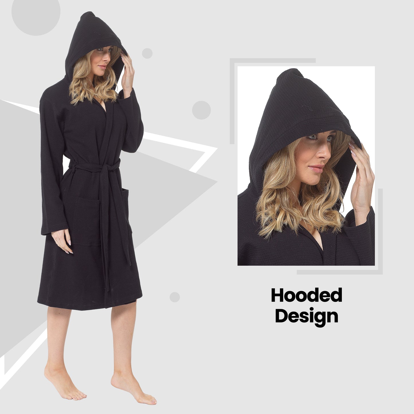 Women's Hooded Waffle Cotton Bathrobe Black Super Absorbent Spa Dressing Gown for Home Lounge & Travel by Daisy Dreamer. Buy now for £17.00.