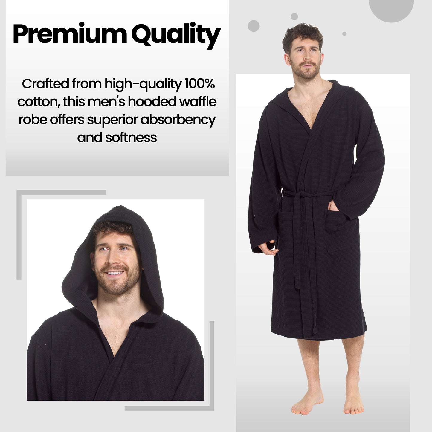 Men’s Hooded Waffle Cotton Bathrobe Black Super Absorbent Spa Robe Luxury Dressing Gown for Home & Loungewear by Sock Stack. Buy now for £17.00.