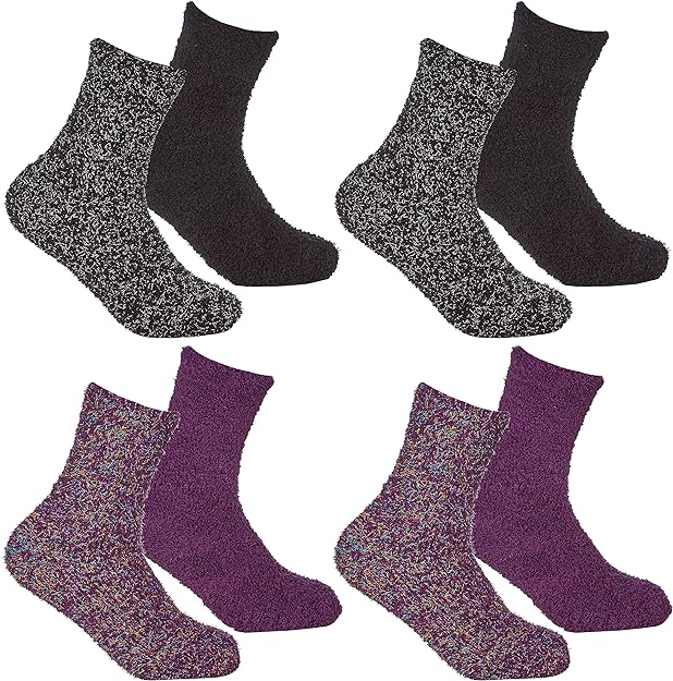 4 Pack Womens Fluffy Cozy Warm Slipper Socks Fuzzy Soft Comfortable Purple Black UK Sizes 4-8 Perfect Winter Gift by Sock Stack. Buy now for £8.00.