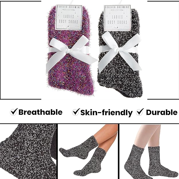 4 Pack Womens Fluffy Cozy Warm Slipper Socks Fuzzy Soft Comfortable Purple Black UK Sizes 4-8 Perfect Winter Gift by Sock Stack. Buy now for £8.00.