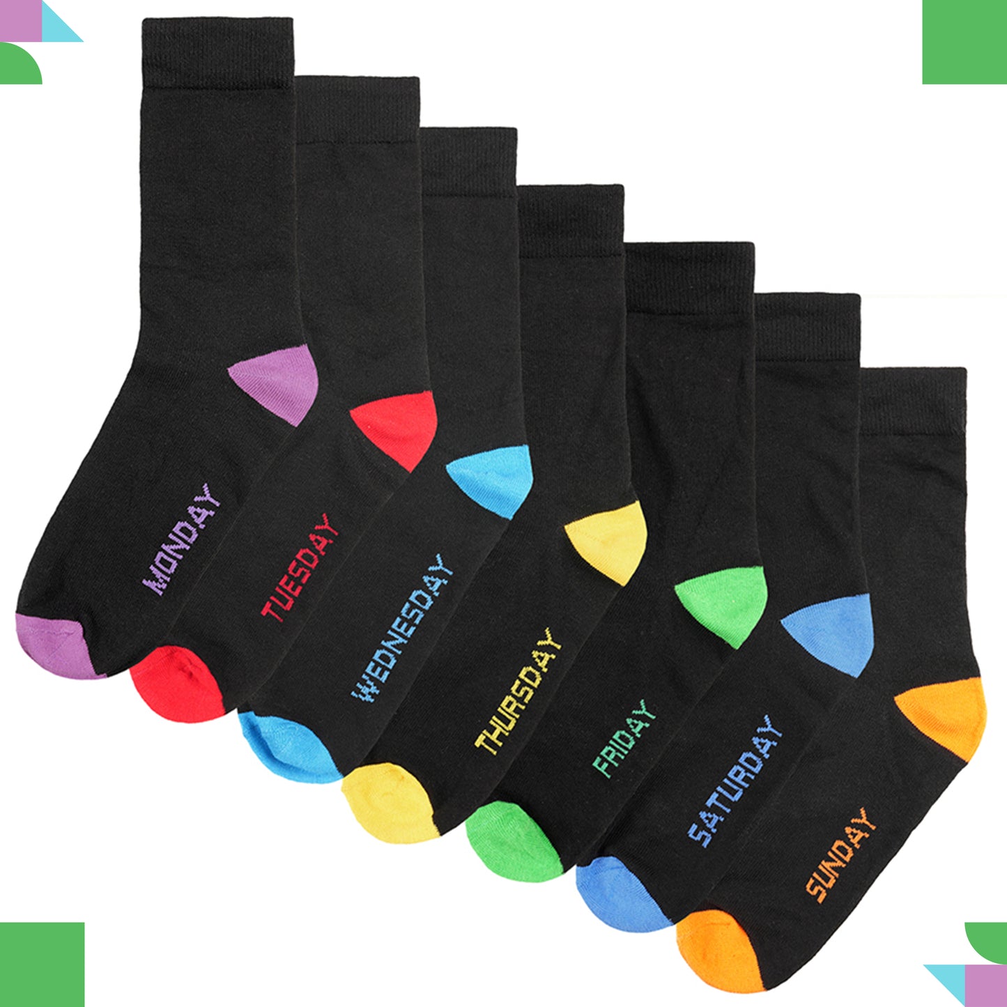 7 Pack Days Of The Week Cotton Rich Boys Girls Kids Men's Women's Socks Black with Multi Colour Heel and Toe Design By Sock Stack. Buy now for £9.00. A Socks by Sock Stack. 12-3,4-8,6-11,_Hi_chtgptapp_optimised_this_description-generator,_Hi_chtgptapp_opt