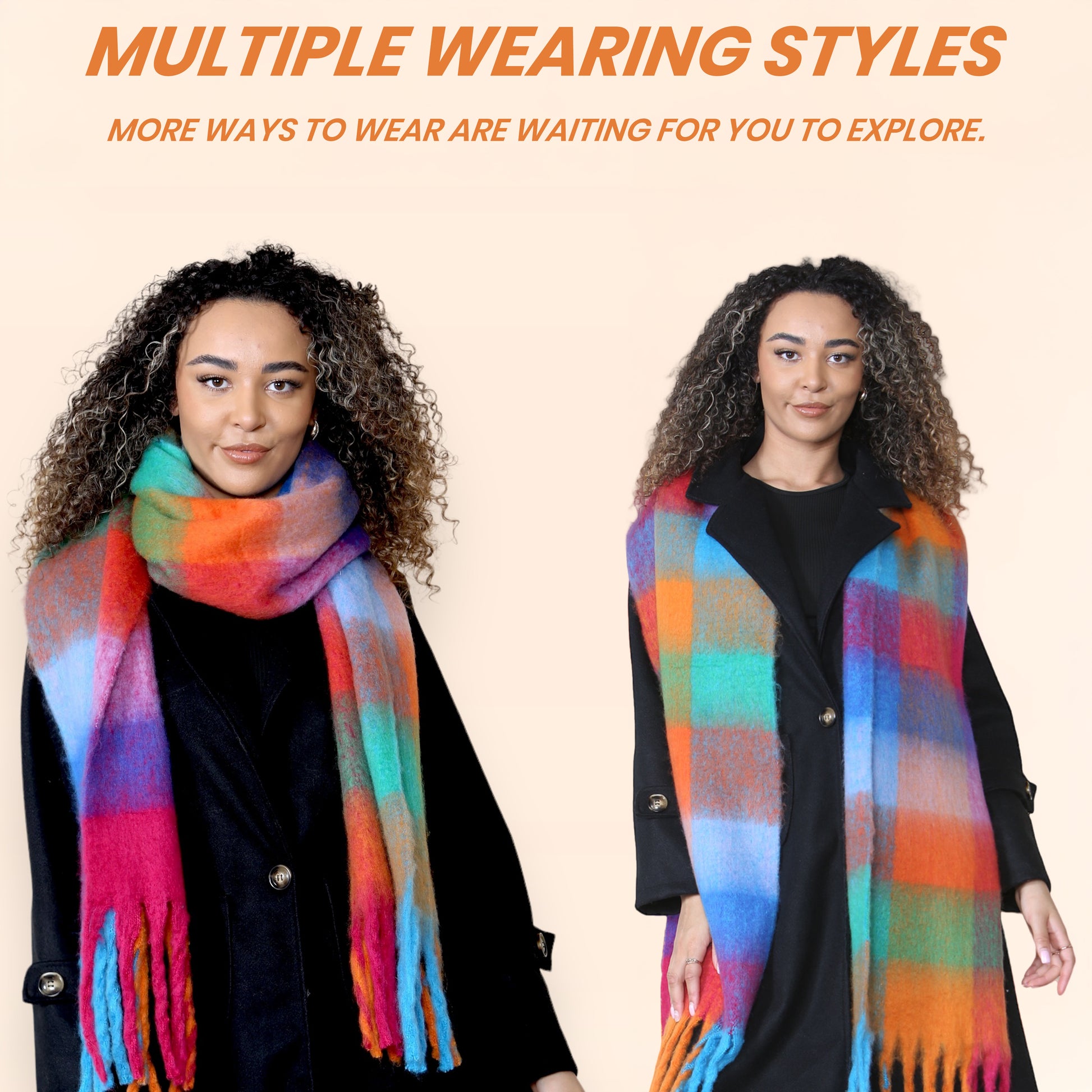 Women’s Orange Blue Chunky Knit Bright Plaid Blanket Scarf Long Winter Wrap Warm Check Shawl with Tassels Gift for Ladies by Daisy Dreamer. Buy now for £10.00. A Scarf by Daisy Dreamer. _Hi_chtgptapp_optimised_this_description-generator,_Hi_chtgptapp_opti