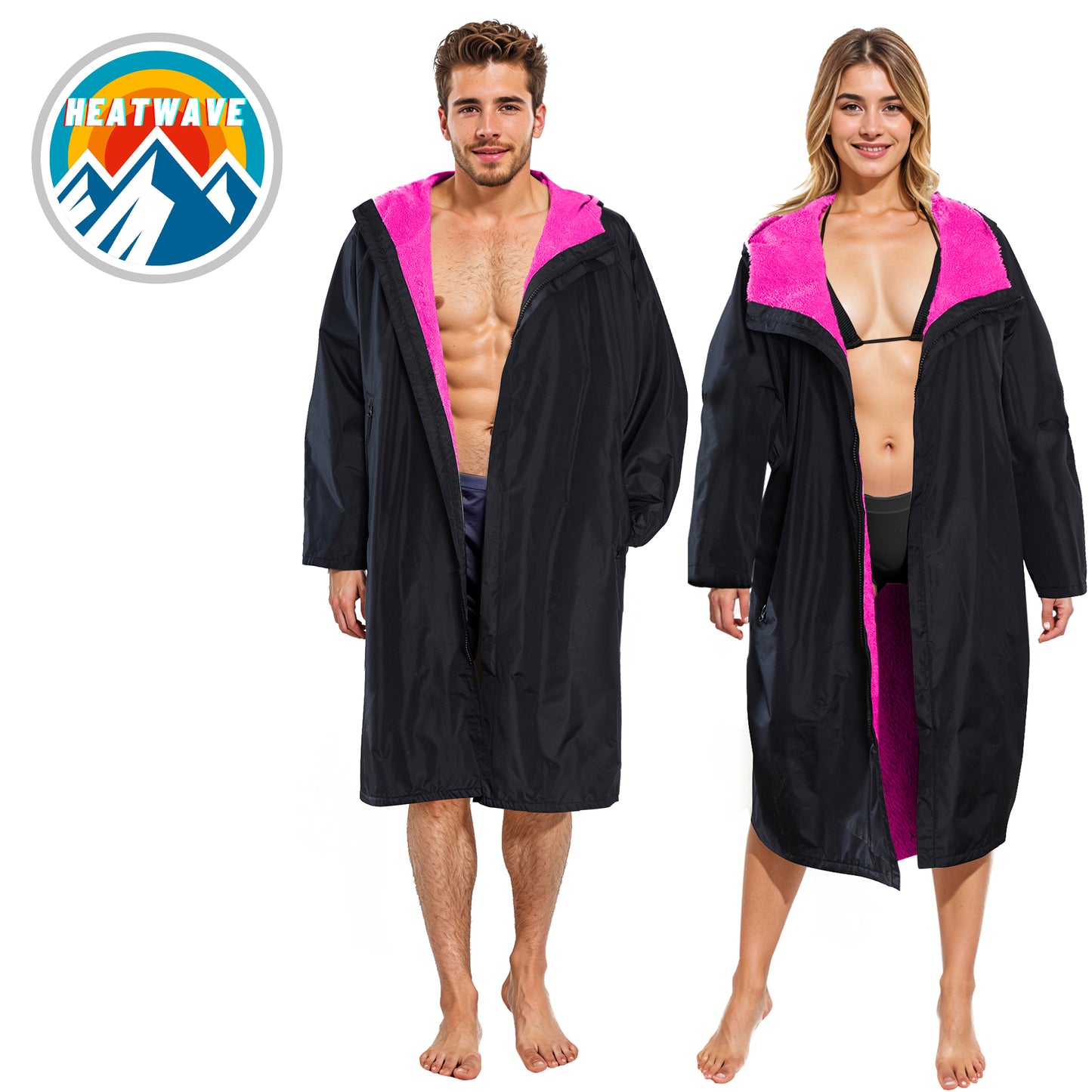 Unisex Adults Black/Pink Waterproof Windproof Changing Robe Hooded Outdoor Coat for Beach Swimming Surfing Warm Fleece Lining by Heatwave Thermalwear. Buy now for £40.00.