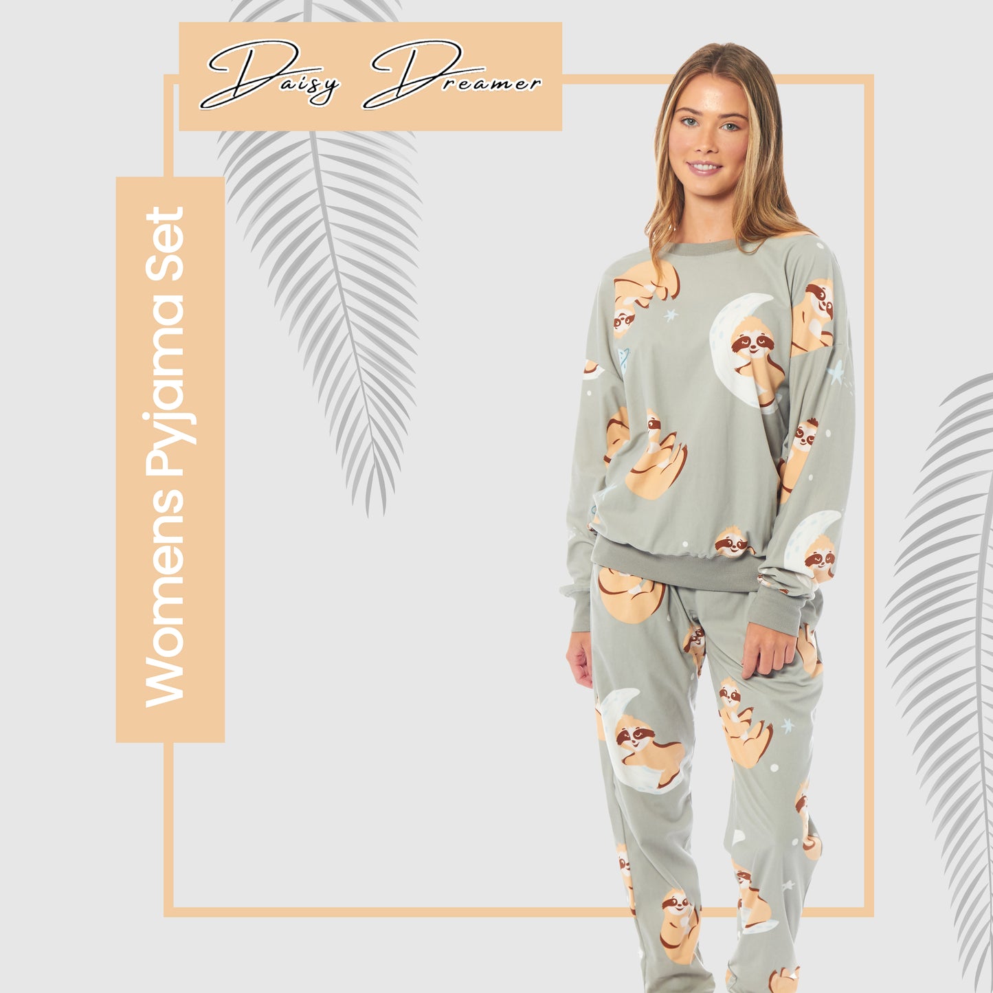 Women's Sloth Soft Fleece Pyjama Set Long Sleeve Animal Print Warm PJs Loungewear Sleepwear for Ladies by Daisy Dreamer