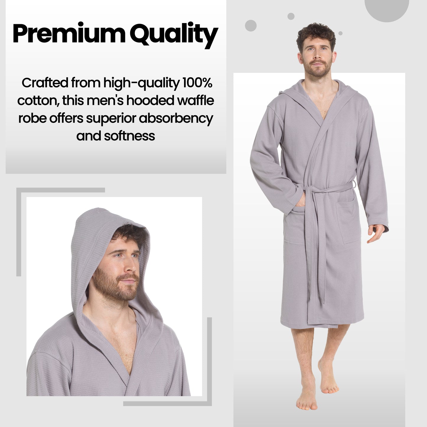 Men’s Hooded Waffle Cotton Bathrobe Grey Super Absorbent Spa Robe Luxury Dressing Gown for Home & Loungewear by Sock Stack. Buy now for £17.00.