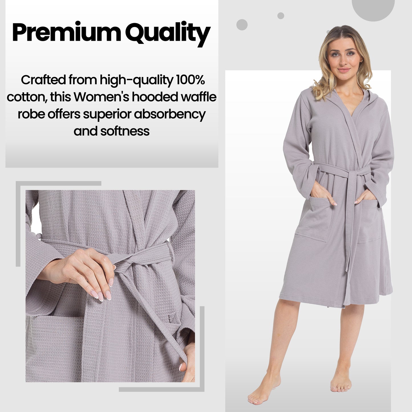 Women's Hooded Waffle Cotton Bathrobe Grey Super Absorbent Spa Dressing Gown for Home Lounge & Travel by Daisy Dreamer. Buy now for £17.00.