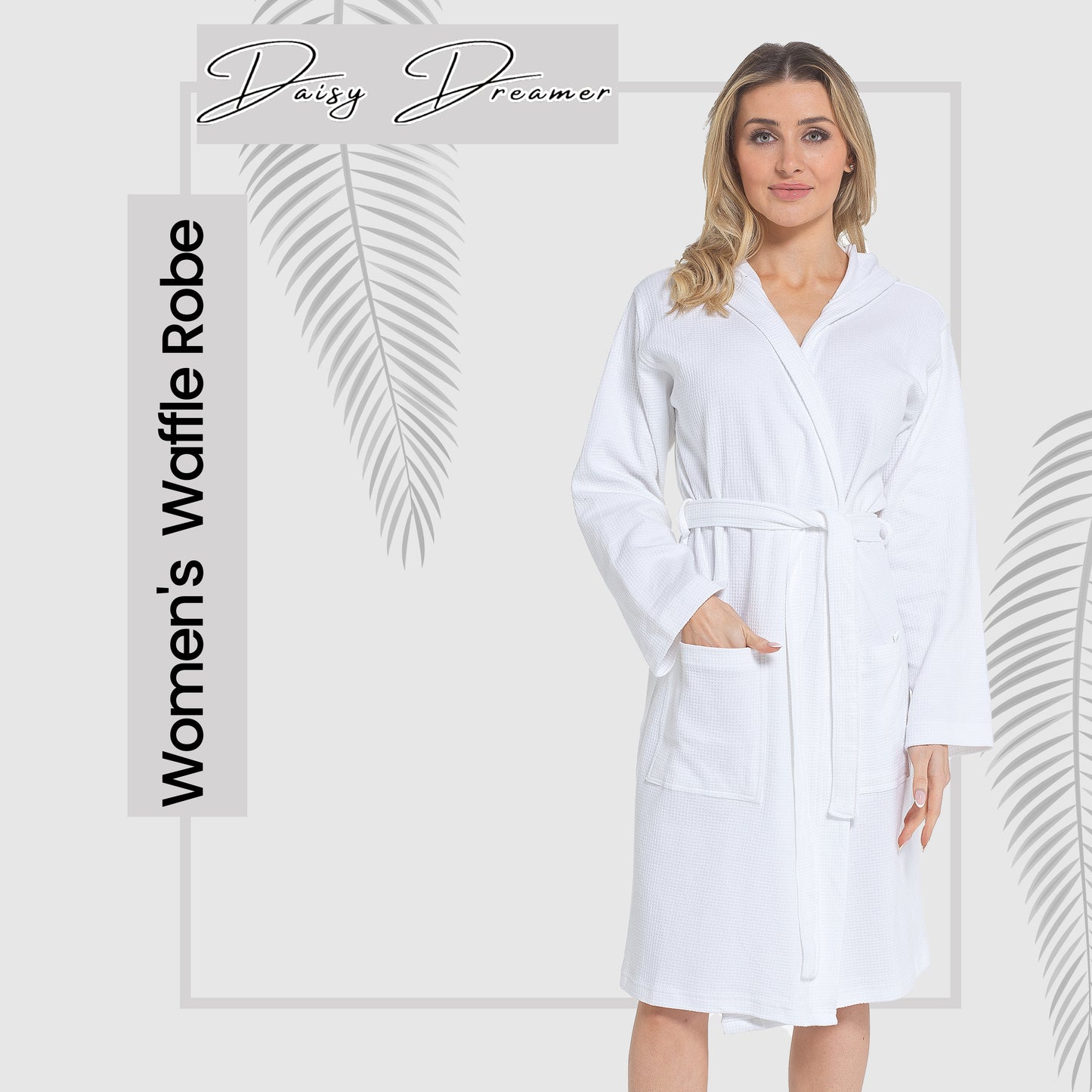 Women's Hooded Waffle Cotton Bathrobe White Super Absorbent Spa Dressing Gown for Home Lounge & Travel by Daisy Dreamer. Buy now for £17.00.