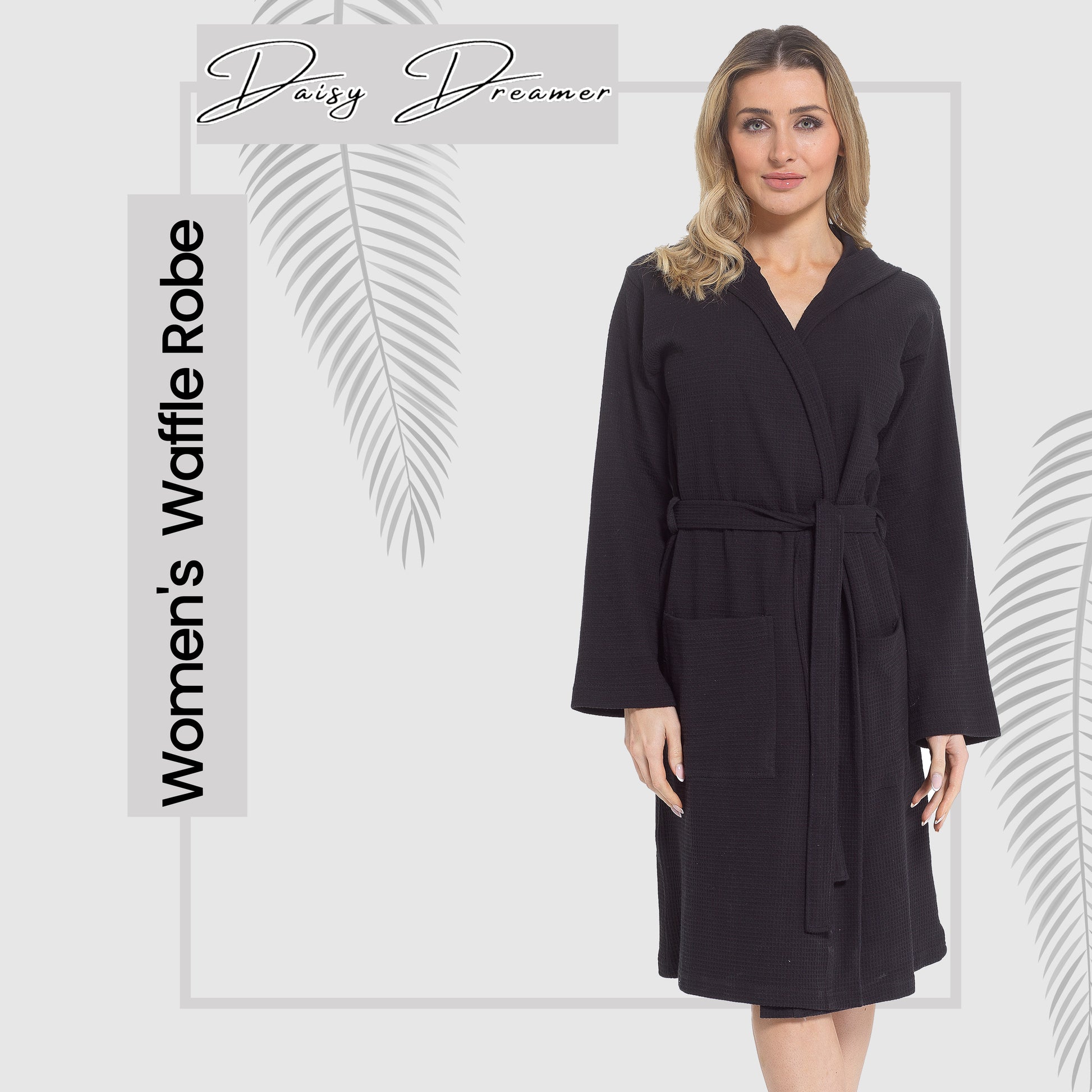 Women's Hooded Waffle Cotton Bathrobe Black Super Absorbent Spa Dressing Gown for Home Lounge & Travel by Daisy Dreamer. Buy now for £17.00.