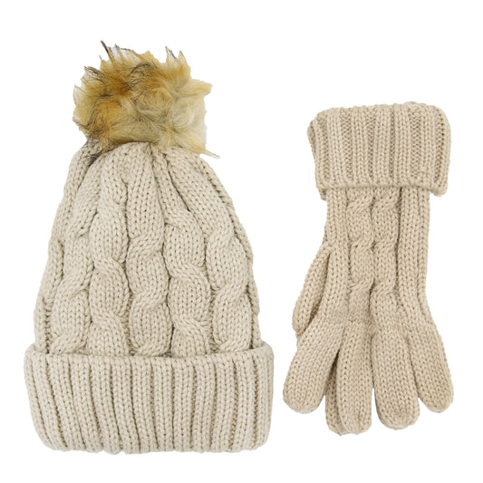 Women's Cream Chunky Knit Winter Hat & Gloves Set Faux Fur Pom Pom Warm & Stylish Beanie for Ladies By Heatwave Thermalwear. Buy now for £14.00.