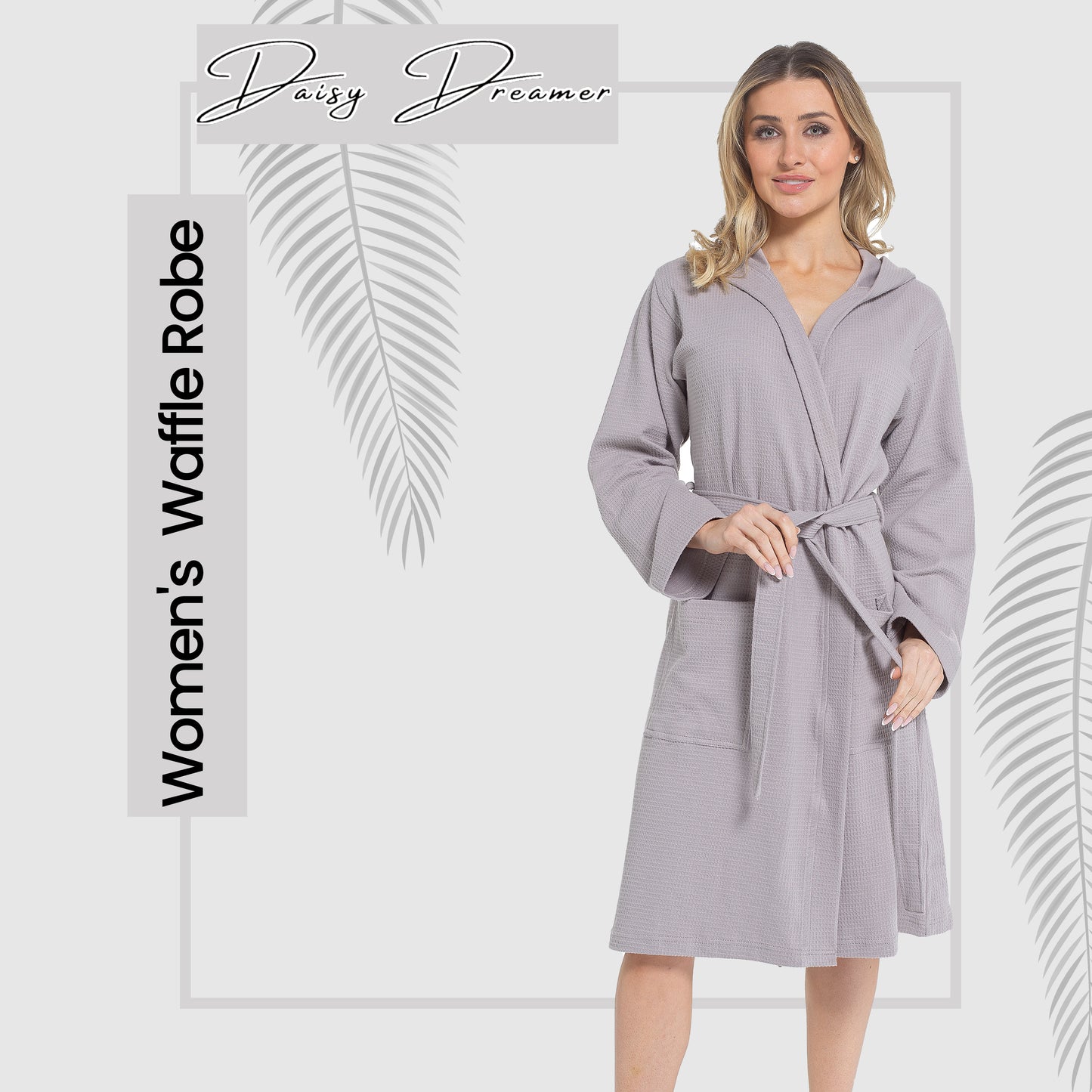 Women's Hooded Waffle Cotton Bathrobe Grey Super Absorbent Spa Dressing Gown for Home Lounge & Travel by Daisy Dreamer. Buy now for £17.00.