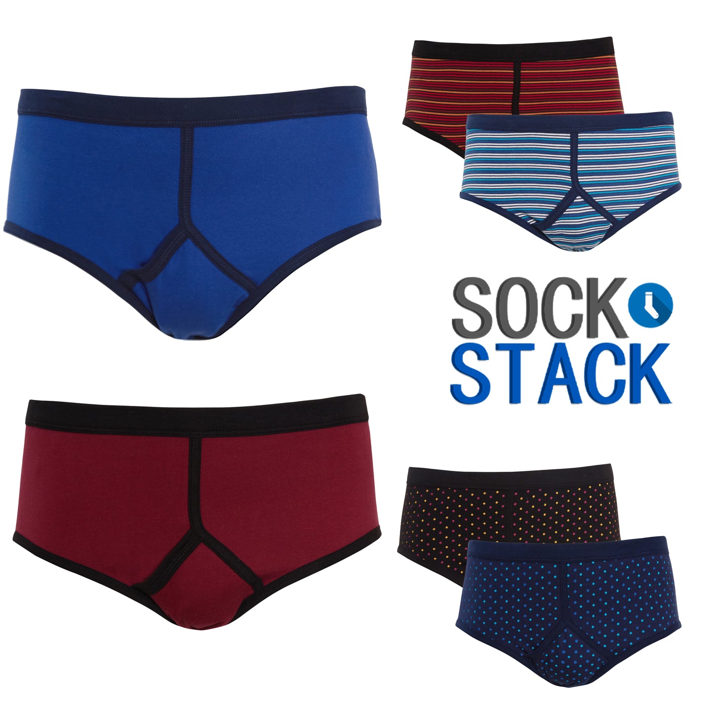 Pack of 6 Men's Printed Cotton Blend Briefs Classic Fit Underwear with Elastic Waistband Plain Dot & Stripe Designs by Sock Stack