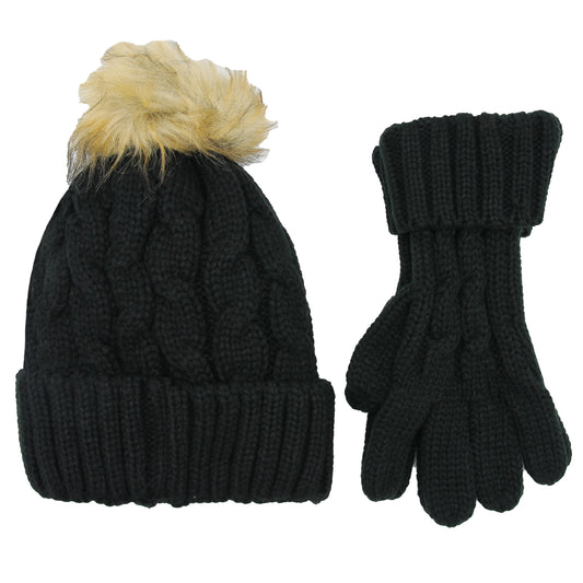 Women's Black Chunky Knit Winter Hat & Gloves Set Faux Fur Pom Pom Warm & Stylish Beanie for Ladies By Heatwave Thermalwear. Buy now for £14.00.