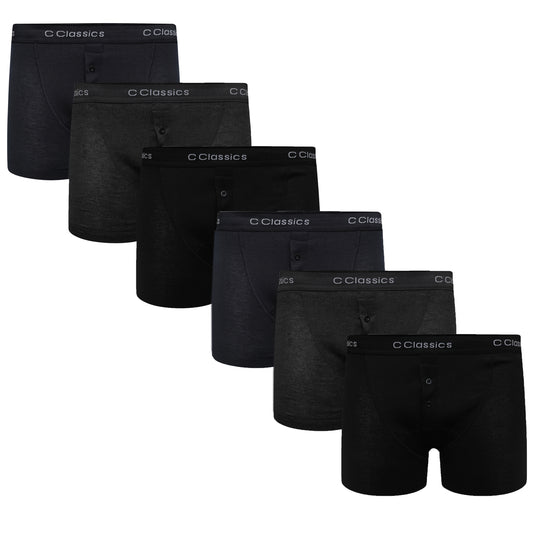 6 Pack Boys Boxer Shorts Cotton Rich Black Moisture-Wicking Button Fly Elasticated Breathable Underwear for Active Kids by Sock Stack. Buy now for £10.00.