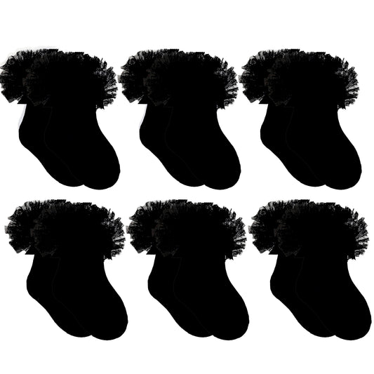 6 Pairs Black Girls Tutu Frilly Ankle Socks with Lace & Bow Super Soft Wedding Christening Sock by Sock Stack. Buy now for £10.00.