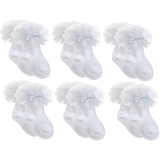 6 Pairs White Girls Tutu Frilly Ankle Socks with Lace & Bow Super Soft Wedding Christening Sock by Sock Stack. Buy now for £10.00.