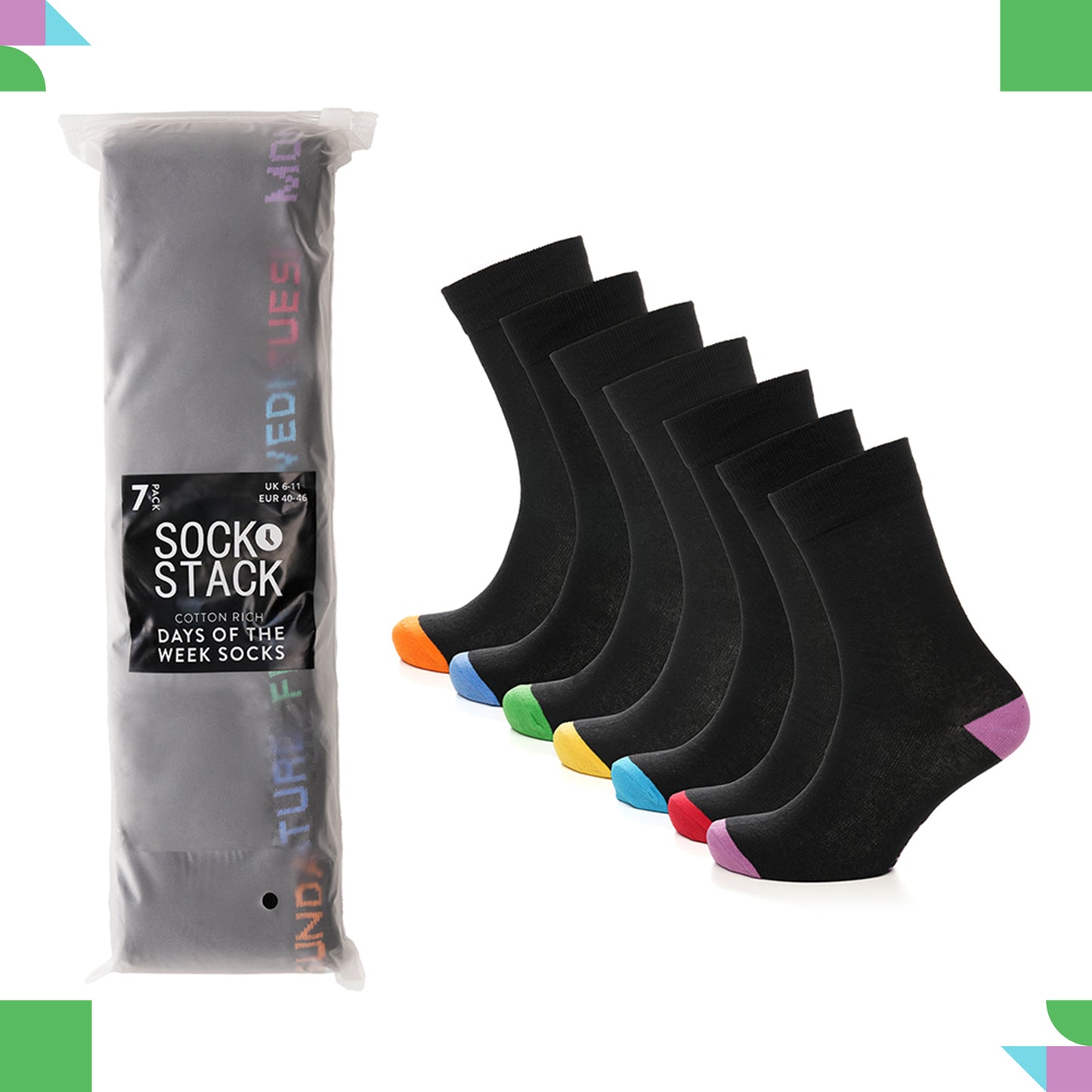 7 Pack Days Of The Week Cotton Rich Boys Girls Kids Men's Women's Socks Black with Multi Colour Heel and Toe Design By Sock Stack. Buy now for £9.00. A Socks by Sock Stack. 12-3,4-8,6-11,_Hi_chtgptapp_optimised_this_description-generator,_Hi_chtgptapp_opt