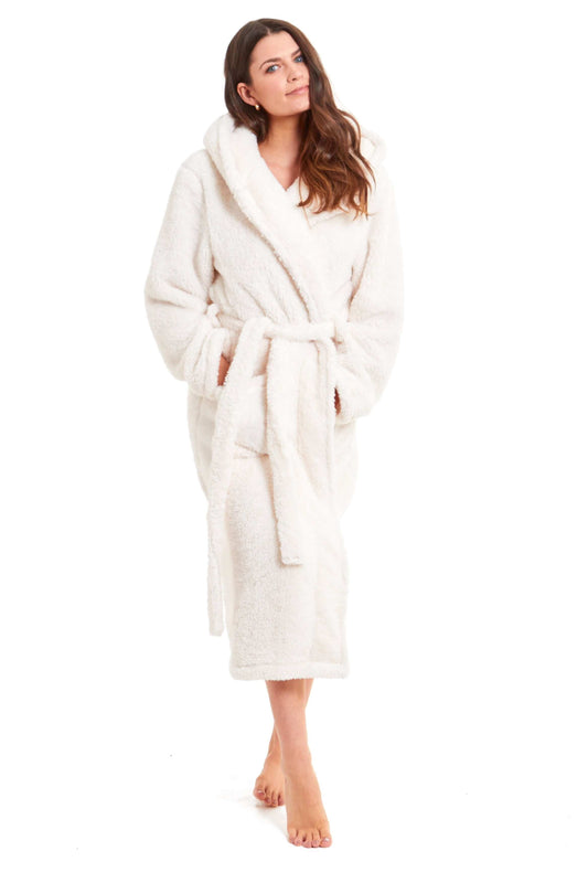 Extra-Long Super Soft Women's Cream Snuggle Fleece Bathrobe with Velvet-Like Texture Luxurious Cozy Dressing Gown for Warmth by Daisy Dreamer. Buy now for £25.00.