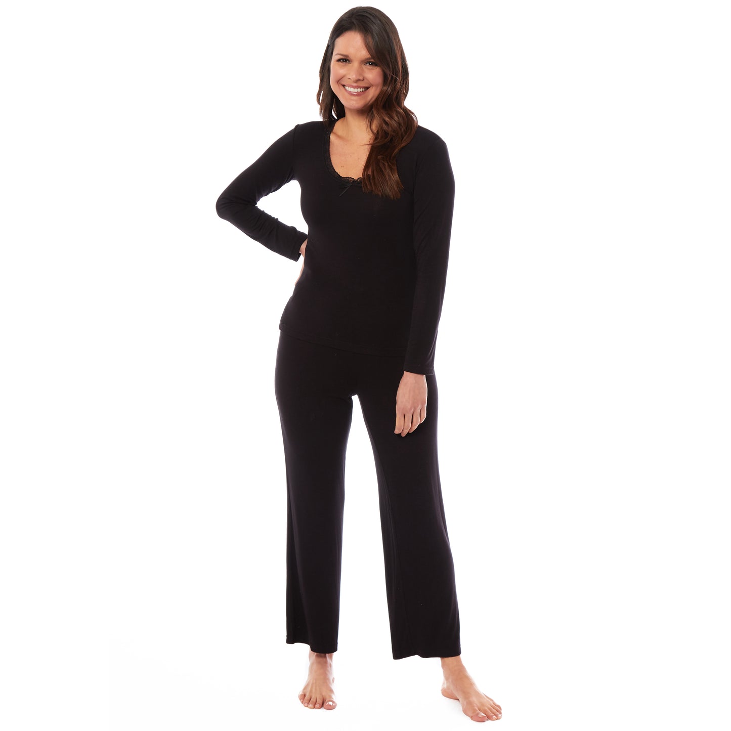 Ladies Ultra Soft Long Sleeve Pyjama Set Stretch Fit Black Green, Cozy All Seasons Loungewear, Viscose Spandex Women's Nightwear UK Sizes 8-22 by Daisy Dreamer. Buy now for £13.00.