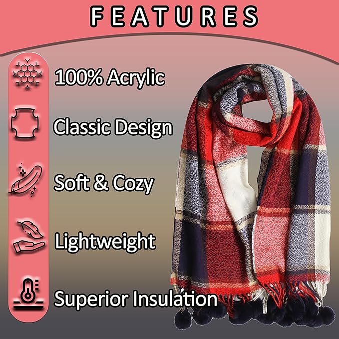 Luxurious Women's Oversized Soft Touch Scarf Blanket with Pom Poms Red and Pink Check Shawl Wrap Warm Winter Fashion 100 Acrylic by Sock Stack. Buy now for £10.00.