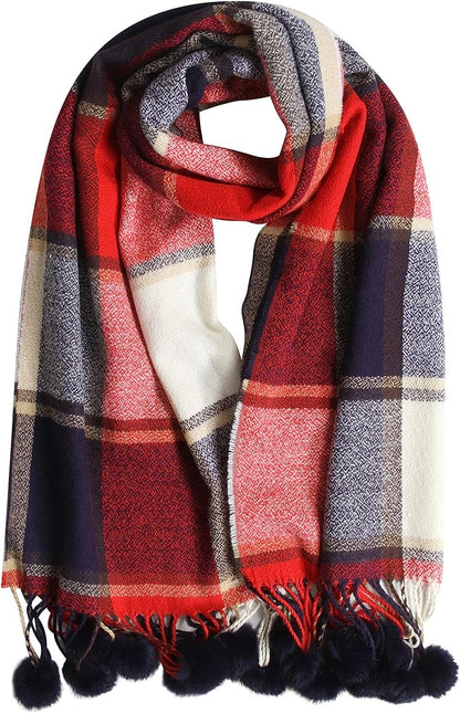Luxurious Women's Oversized Soft Touch Scarf Blanket with Pom Poms Red and Pink Check Shawl Wrap Warm Winter Fashion 100 Acrylic by Sock Stack. Buy now for £10.00.