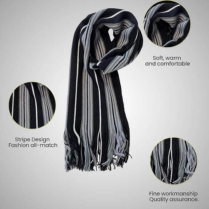 Luxury Men's Woven Stripe Design Long Scarf Warm Soft Acrylic Winter Fashion Accessory for Formal and Casual Wear Hypoallergenic by Sock Stack. Buy now for £7.00.